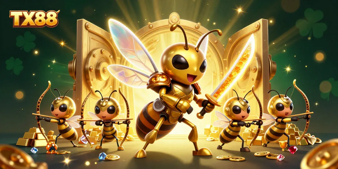 TX88 buzzing hornet promotes winning with golden treasures in a casino-themed illustration.