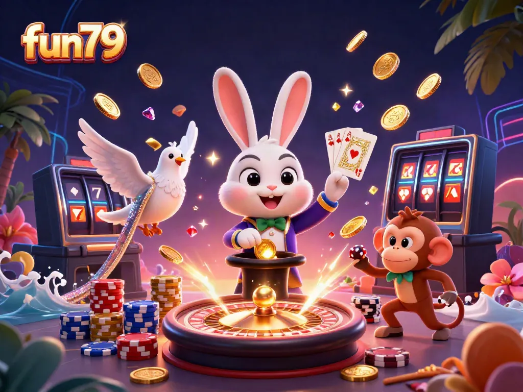 Experience fun79's magical gaming world with vibrant characters and casino elements.