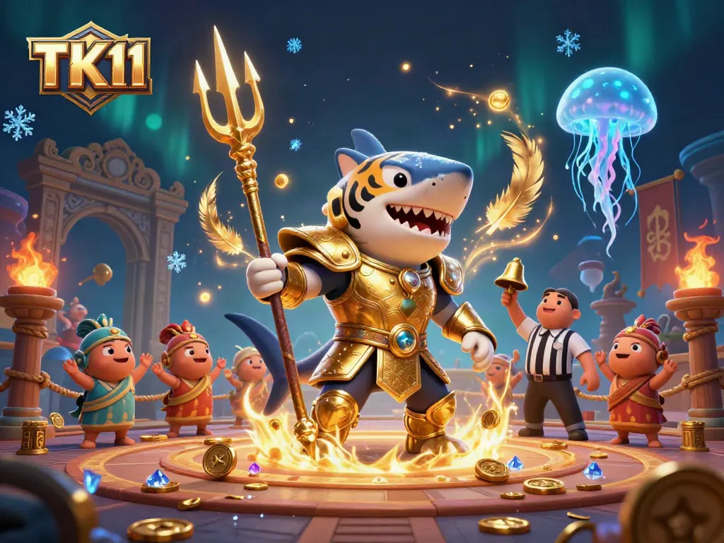 Engage in thrilling underwater battles with the tiger shark in golden armor, TK11.