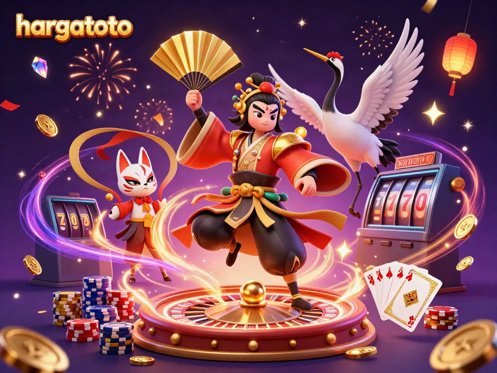 Experience thrilling gameplay with HARGATOTO's vibrant casino elements in this dynamic illustration.