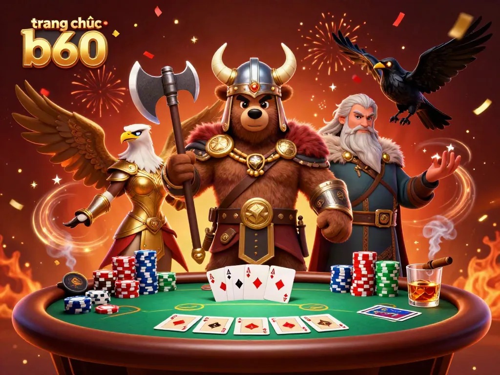 Experience an exciting poker scene from trang chủ b60 with Viking characters and vibrant casino elements.