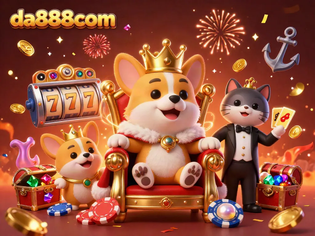 Engage in a vibrant da888com gaming scene featuring royal corgi on poker throne.
