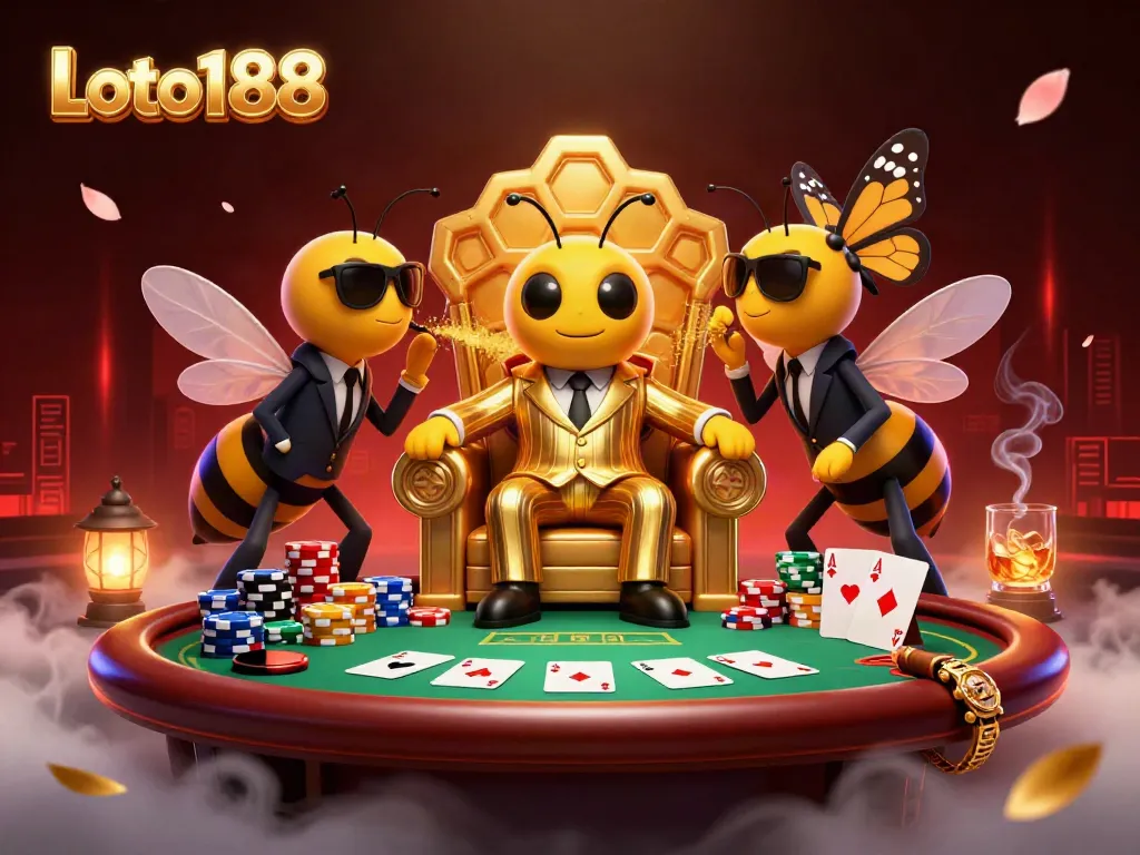 Loto188 showcases an animated bee mob boss presiding over a vibrant casino scene filled with poker elements.