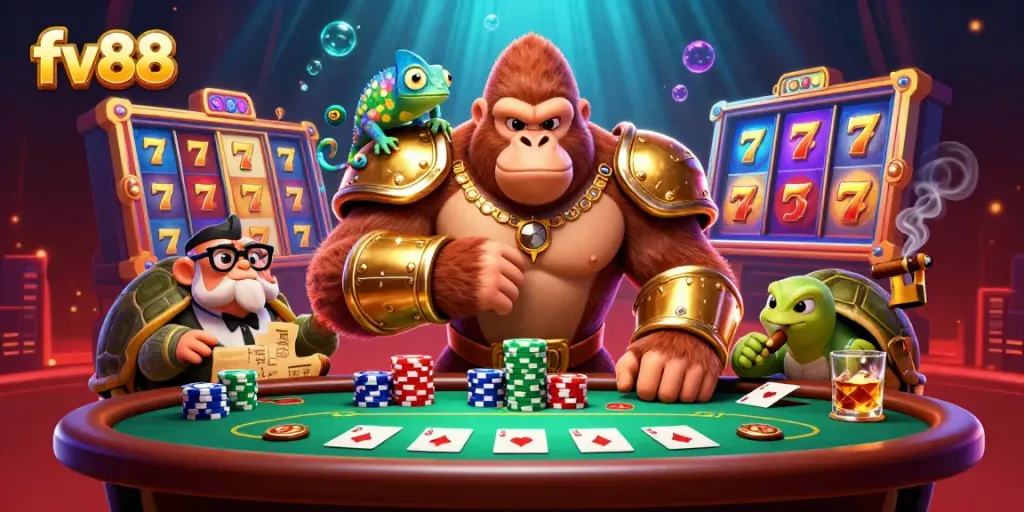 Experience thrilling casino action with fv88's vibrant 3D illustration showing a powerful gorilla king, chameleon spy, and tortoise elder amidst slot games and poker tables.