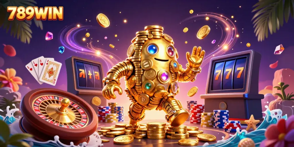 Experience thrilling gameplay with 789WIN's 3D golden golem amidst golden coins and casino elements.