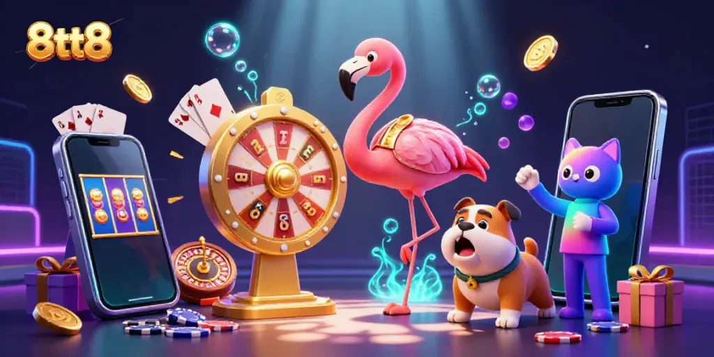 Experience excitement with 8tt8 as the flamingo host spins the prize wheel in a vibrant casino setting.