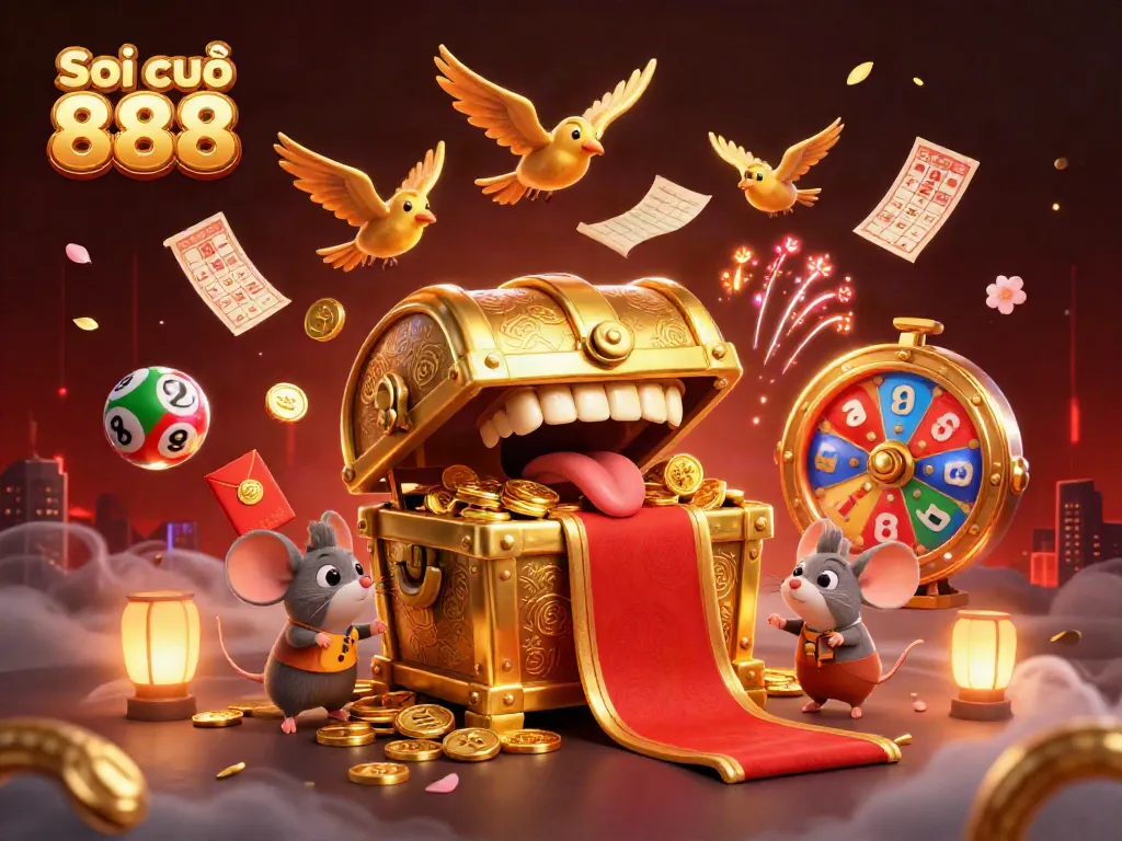 Soi cầu 888 reveals vibrant lottery-winning moments with adventurous mice aiming for treasures under cherry blossoms.