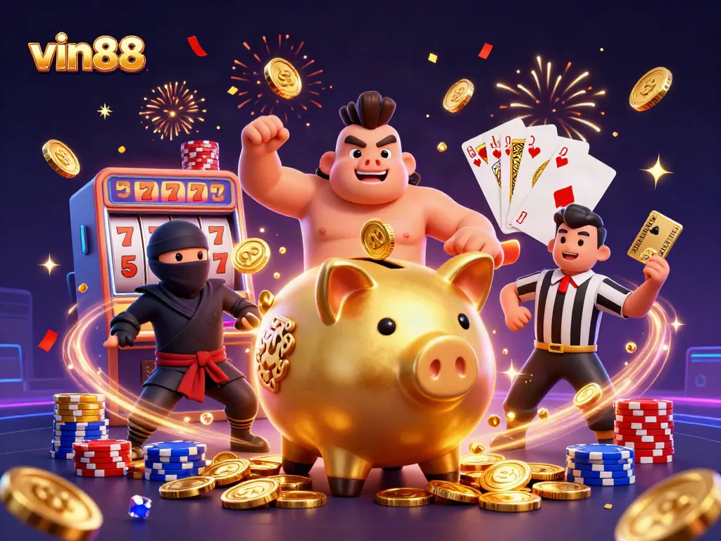 Experience thrilling gaming at vin88 with a glorious sumo wrestler and vibrant casino elements.