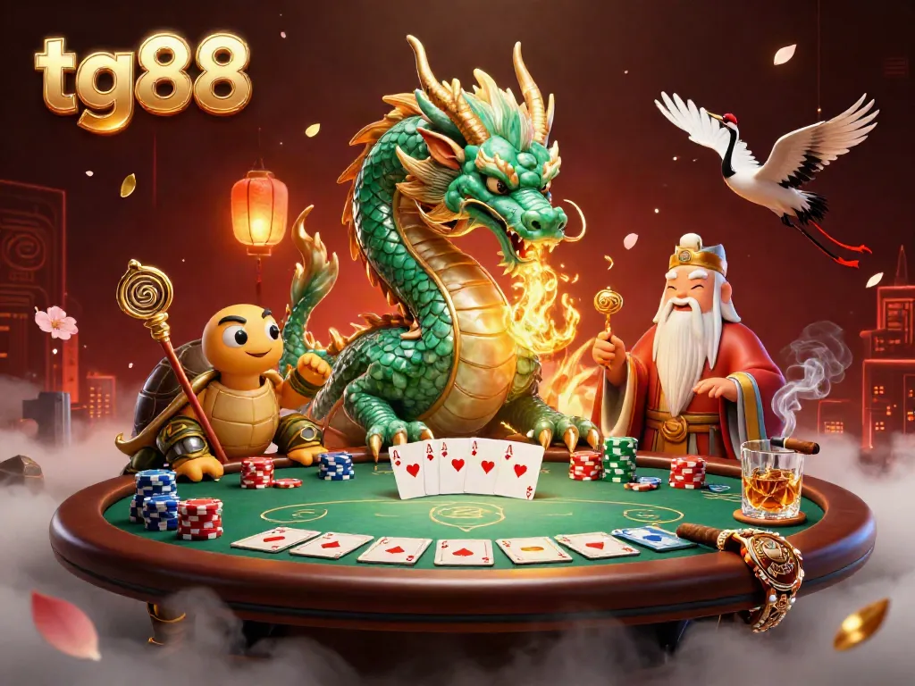 Experience the vibrant tg88 casino scene with a majestic jade dragon and lucky cranes in action.