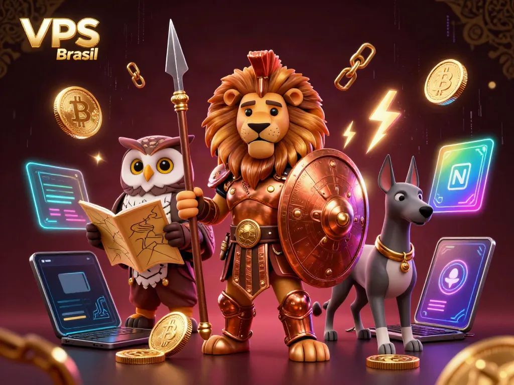 Engage with VPS Brasil as the heroic Spartan lion defends with tech elements in this vibrant casino-themed illustration.