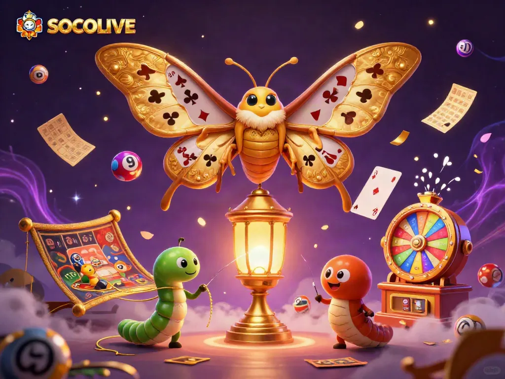 SOCOLIVE showcases a vibrant and engaging scene with a golden moth and colorful casino elements like lottery balls and bingo cards.