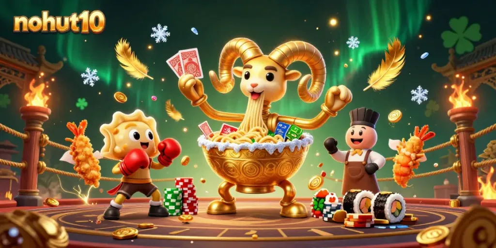 Experience thrilling gameplay at nohut10 with a vibrant 3D scene of a ramen bowl dealer and exciting casino elements.