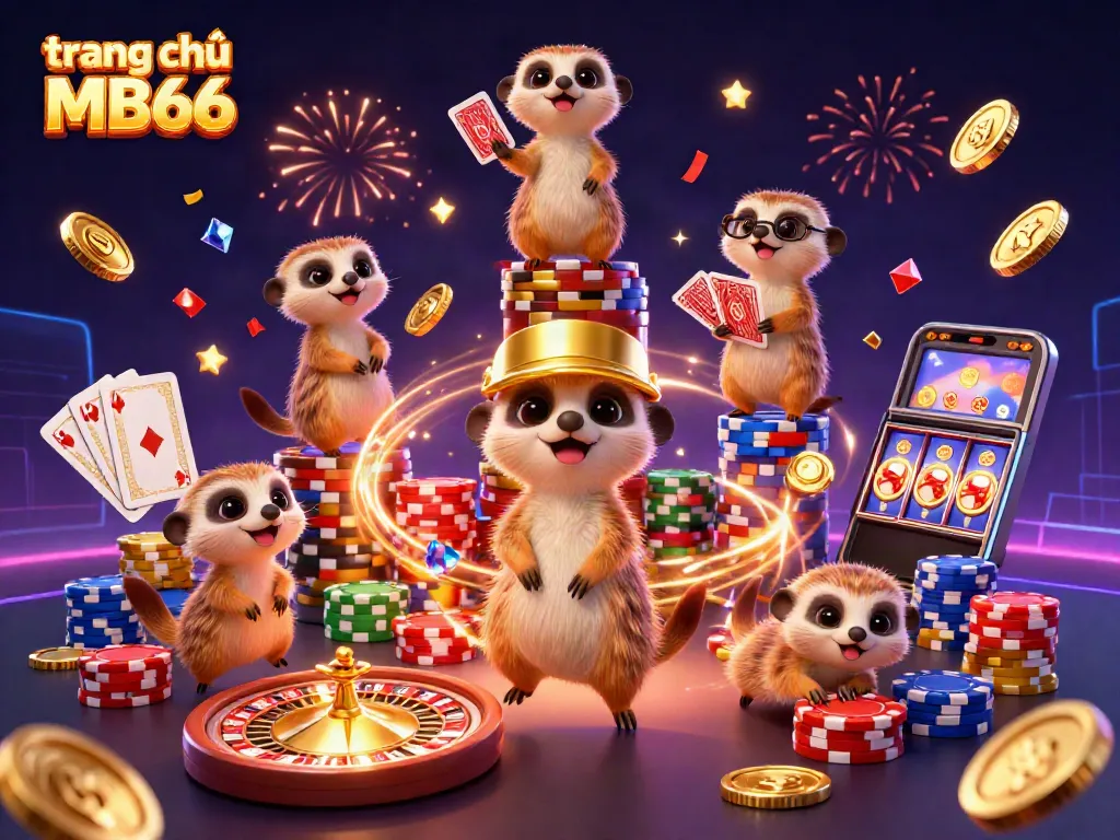 Experience thrilling action on trang chủ MB66 with meerkats running a vibrant casino, featuring roulette, cards, and sparkling gems.