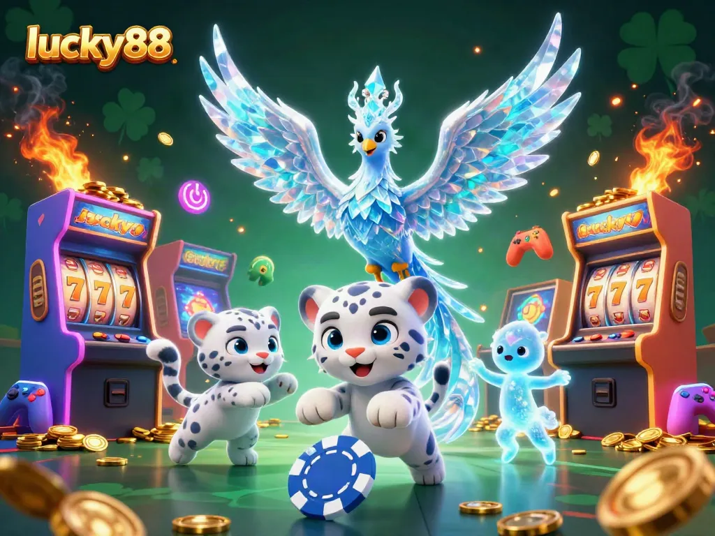 Engage in lucky88 slots with a vibrant 3D scene filled with animated characters and shimmering game elements.