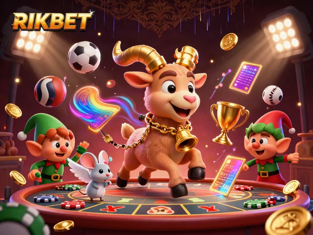 RIKBET showcases a lively casino scene with a whimsical Krampus goat, angel mouse, and mischievous elves.
