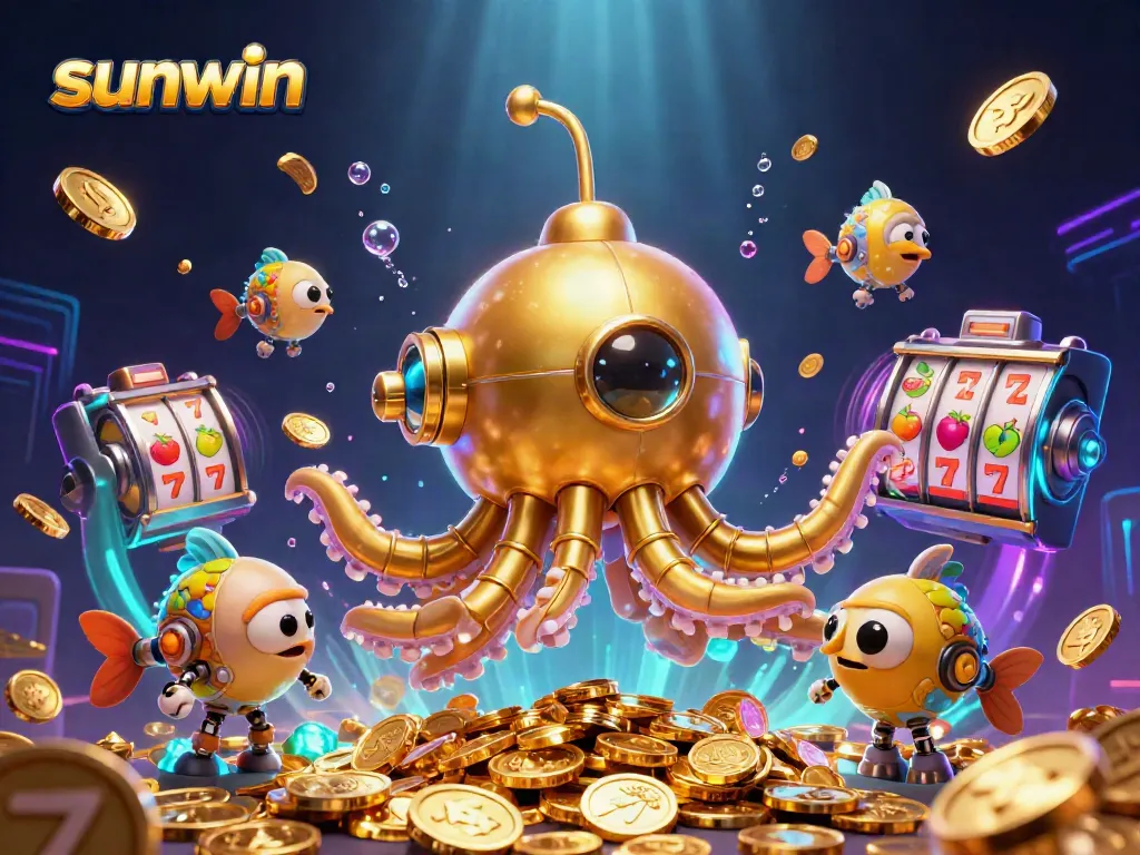 Engage in thrilling action as sunwin spins slot reels amid a treasure of golden coins.