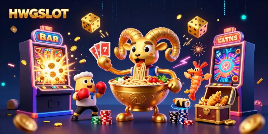 Engage with the HWGSLOT vibrant casino scene featuring playful characters and dynamic gaming elements.