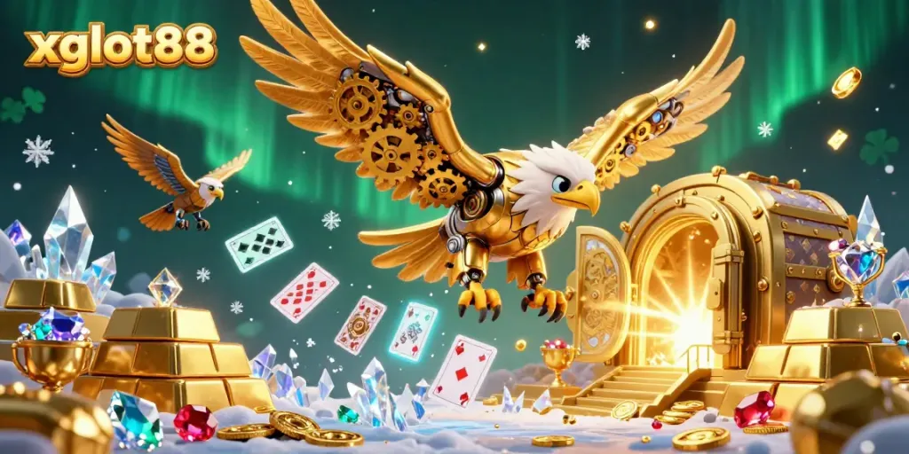 xgslot88 menampilkan ilustrasi 3D dengan elang emas cybernetic terbang melintasi kartu bermain holografik dan tumpukan emas.