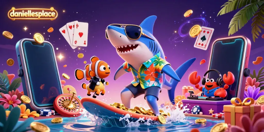 Dive into the fun at daniellesplace, where a shark surfs gold coins in a vibrant casino scene.