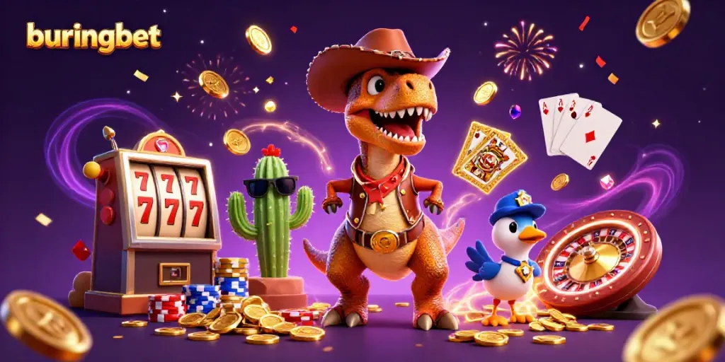 Experience the excitement of burungbet with a vibrant 3D illustration of a dinosaur cowboy amidst dynamic slot gaming elements.