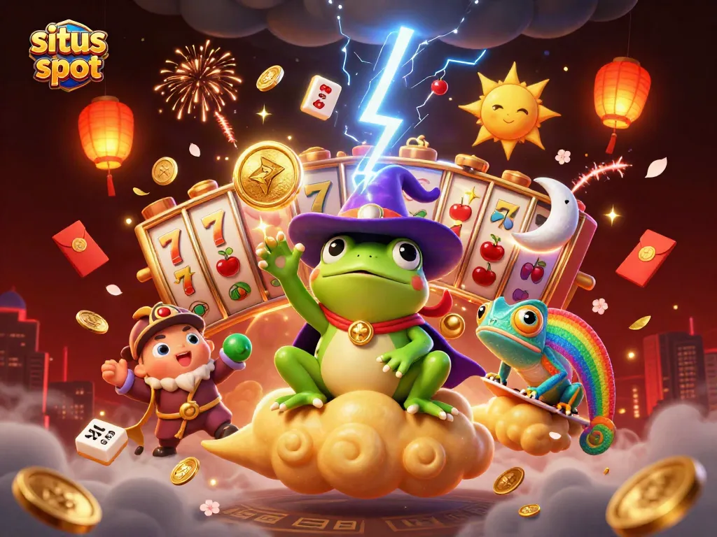 Engage with the magical situs slot scene featuring a wizard frog and chameleon amidst swirling slot reels and golden coins.