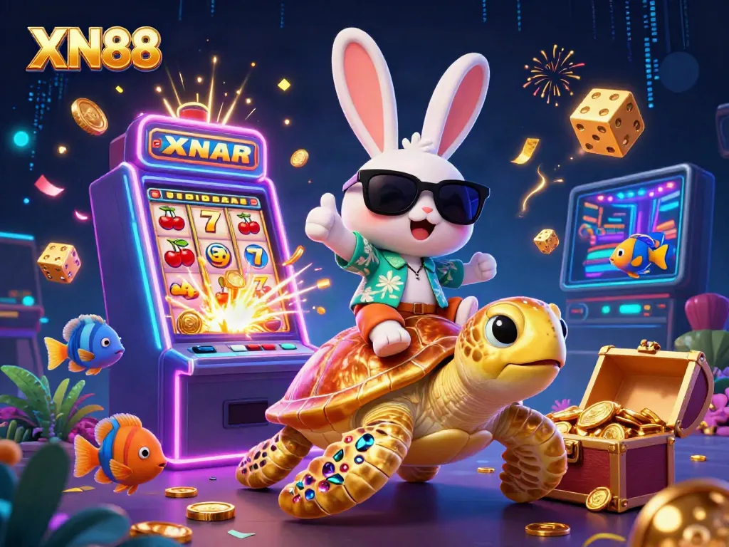 Experience XN88 fun with a lucky rabbit and golden turtle in this vibrant casino illustration.