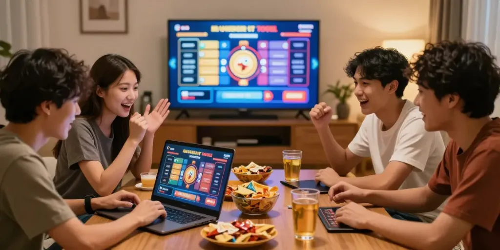 Kelompok teman berdiskusi strategi Bandar Togel dengan laptop dan camilan di ruang tamu yang hangat.