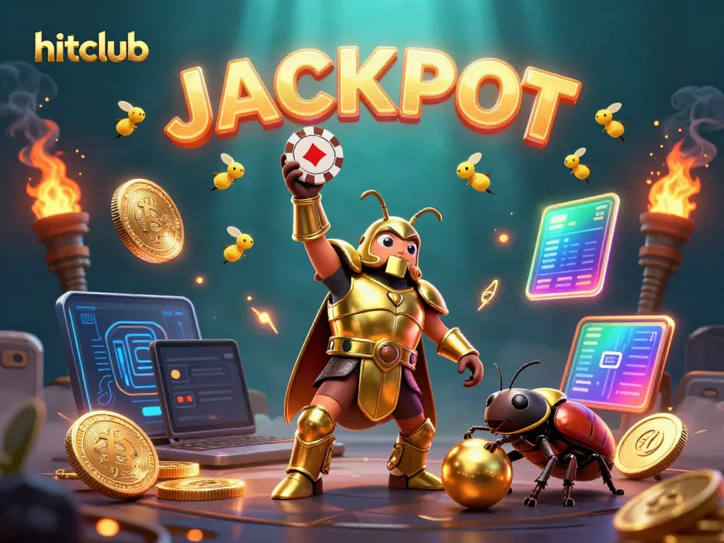 hitclub casino with a victorious beetle lifting a poker chip amidst crypto coins and jackpot lights.