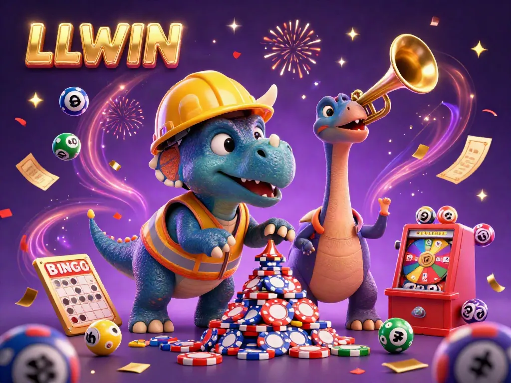 Celebrate wins at LLWIN with a vibrant scene of a triceratops and parasaurolophus amidst animated lottery balls and casino icons.