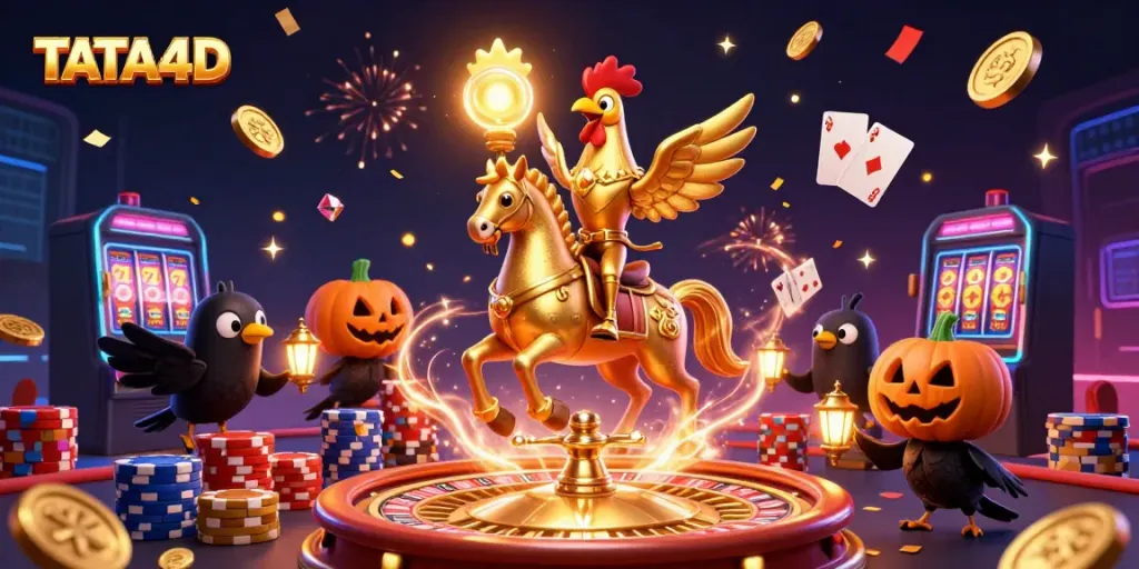 TATA4D showcases a vibrant casino scene with a golden rooster riding through a festive atmosphere.