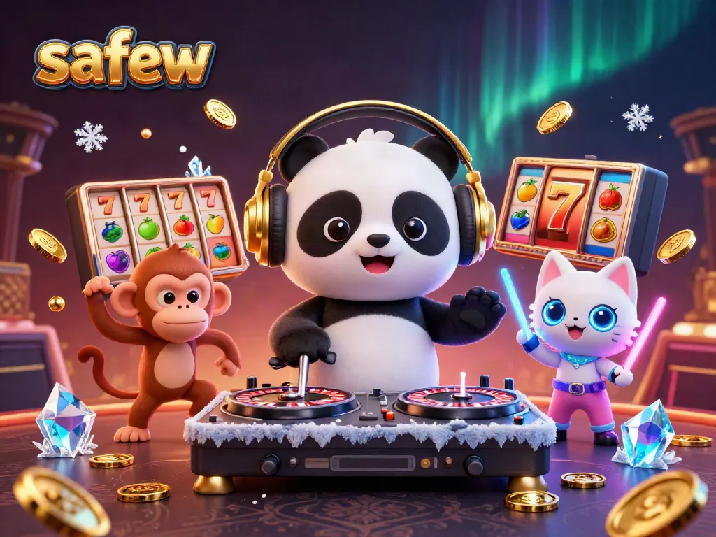 Engage with safew at the lively casino scene featuring a DJ panda spinning on roulette wheels with a breakdancing monkey and a glow-stick kitten.
