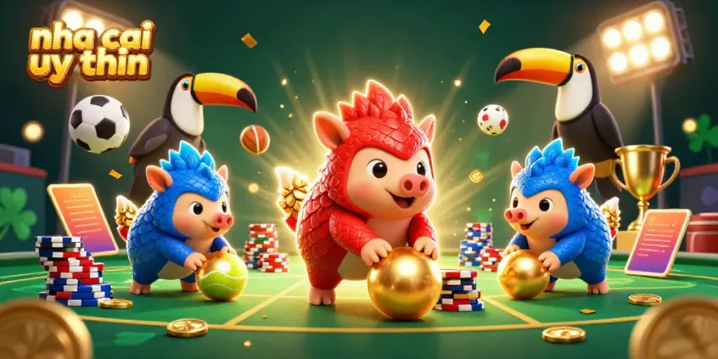 Rival pangolins in vibrant armor bowling through poker chips while showcasing nha cai uy tin.