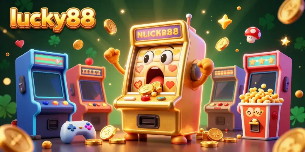 Experience the excitement of lucky88 as the golden slot machine hits a jackpot with cheering baby machines around!