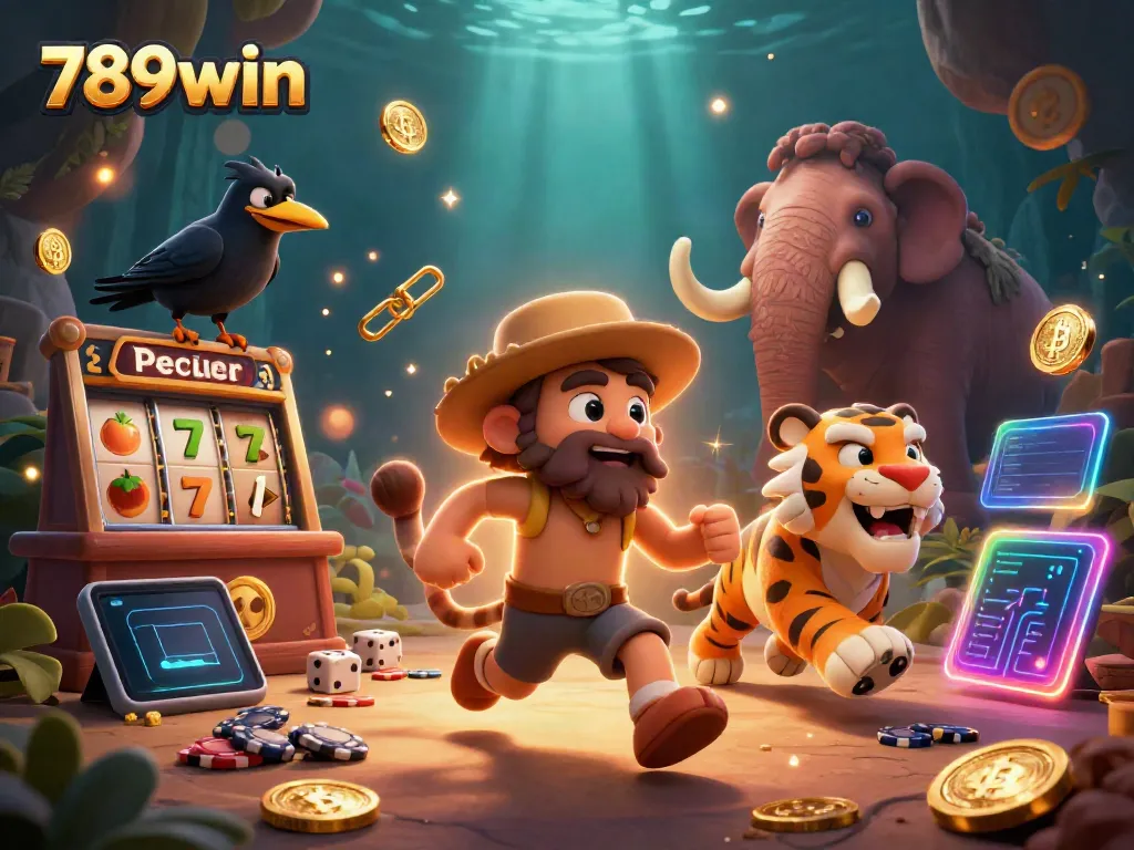 Experience the excitement of 789win with a vibrant prehistoric casino scene featuring slots and crypto elements.