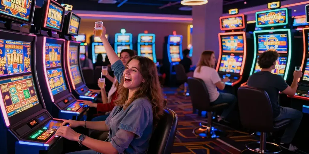 Slot gacor: teman-teman bersemangat bermain mesin slot di kasino.