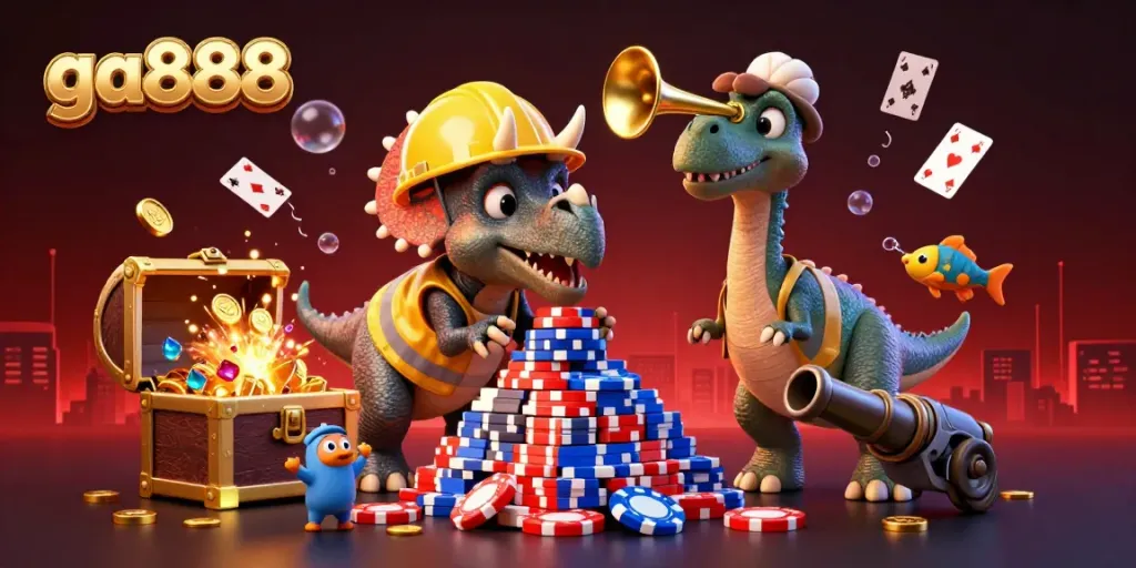 Celebrate winning at ga888 with this vibrant 3D casino scene featuring cheerful characters and exciting gambling elements.