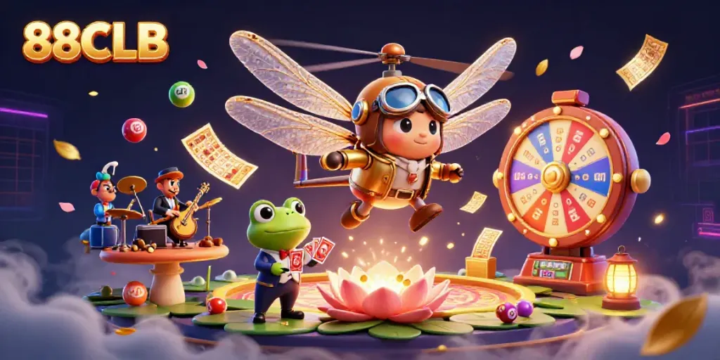 88CLB features a whimsical scene of a dragonfly pilot and frog croupier, enhancing casino excitement.