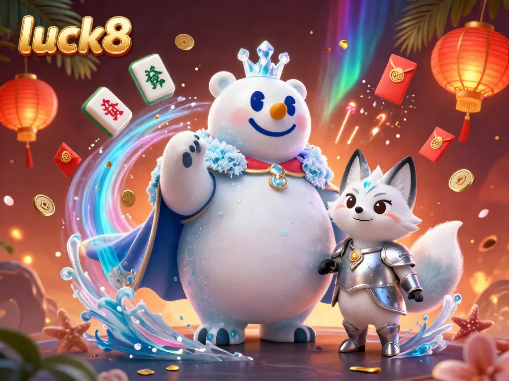 Catch the excitement at luck8 with the lively polar bear king and fox, surrounded by festive gambling fun.