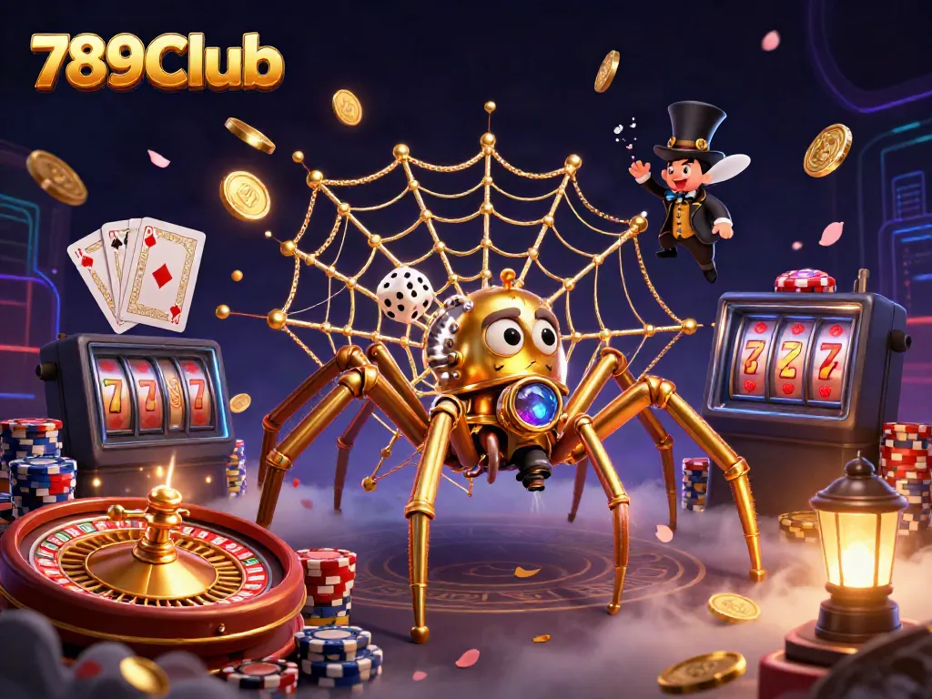Experience the thrill of 789Club with a golden steampunk spider and vivid casino elements in 3D.