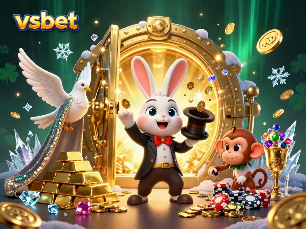 Experience winnings and excitement at vsbet with a vibrant casino scene showcasing a magician rabbit, dove, and playful monkey.