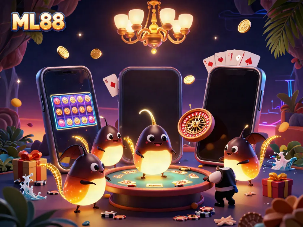 Experience the thrill of ML88 with vibrant casino gaming and bioluminescent characters.