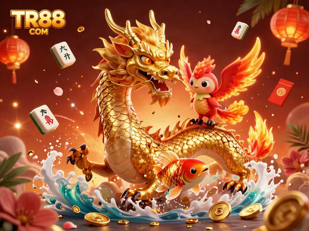 Engage in thrilling gaming at TR88 COM with a golden dragon, phoenix, and koi fish illustration.