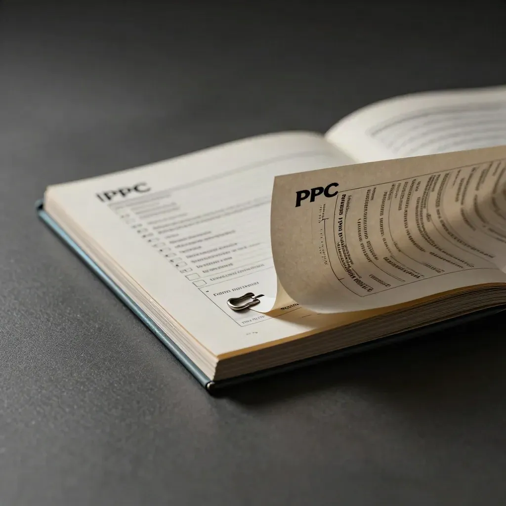 Ciemne, dramatyczne ujęcie folio z checklistą PPC, klipsem i wkładką.