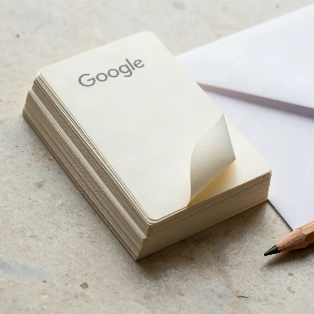 Stos kart próbnego egzaminu Google, koperta i krótki ołówek na jasnym trawertynie.