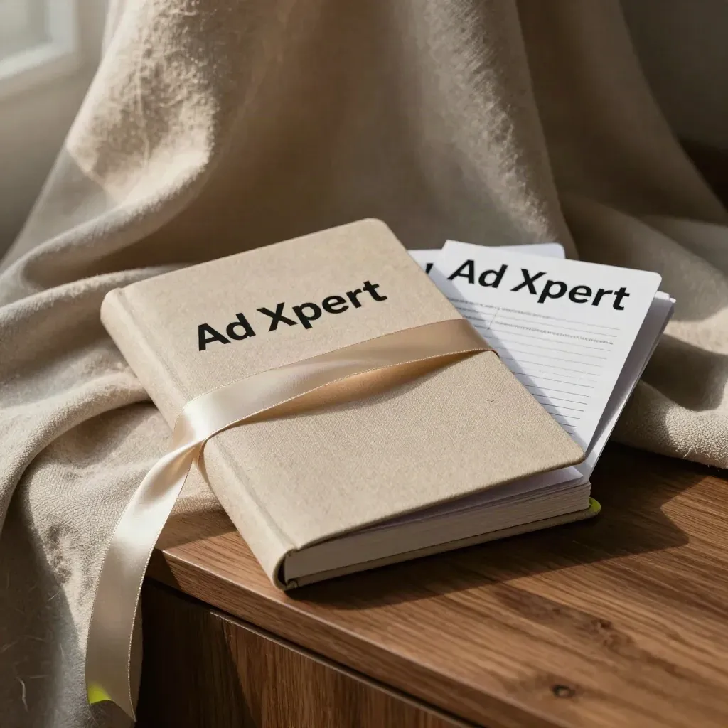 Pakiet kursu remarketingu Meta na lnianej tkaninie, z workbookiem i kartami przypominania.