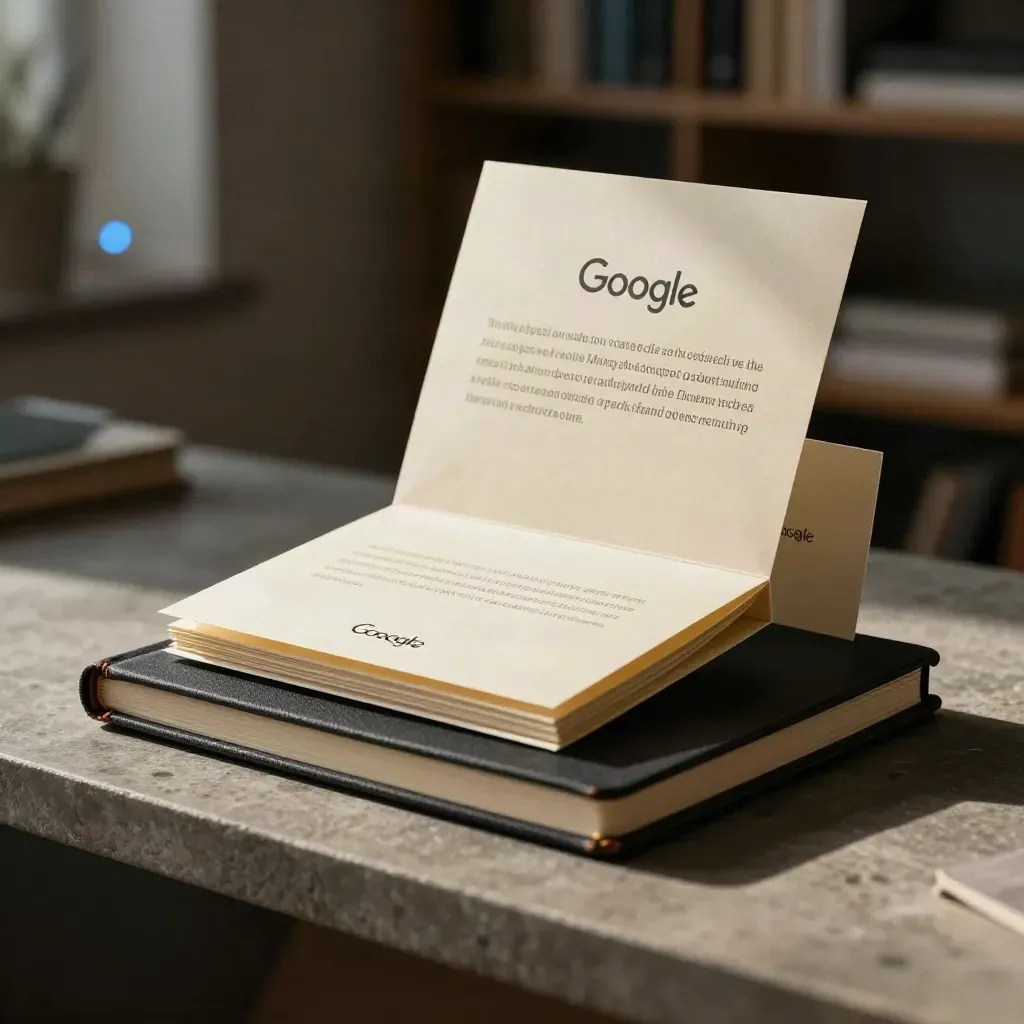 Paczka certyfikatu Google, otwarty pakiet z kartami pytań i ciemny notes na kamiennym postumencie.
