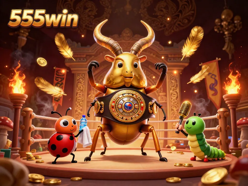 Experience thrilling gameplay with 555win as a giant golden stag beetle battles in a vibrant casino-themed arena.