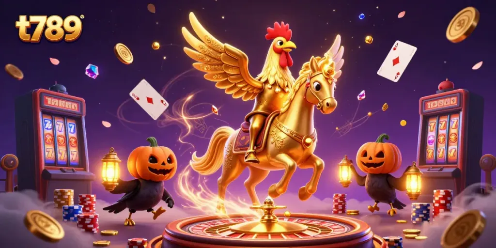 Experience the excitement of t789 with a golden rooster and vibrant casino elements.