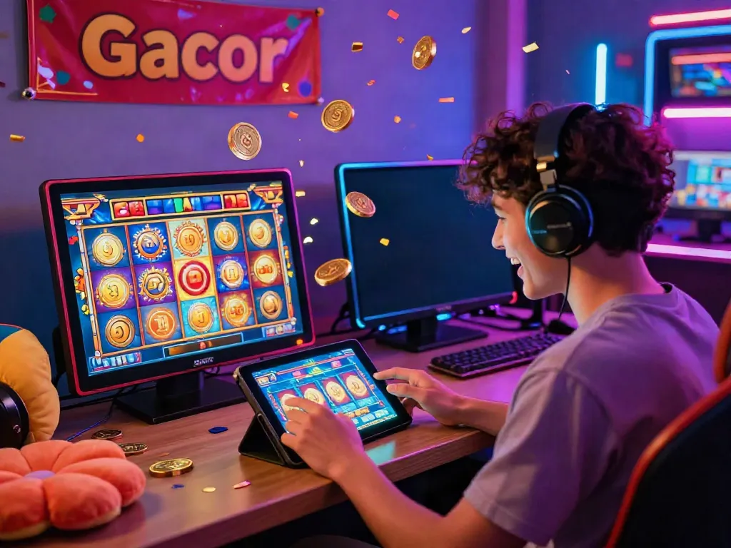 Engaging scene of a player enjoying slot gacor games on a tablet with vibrant graphics and coins.