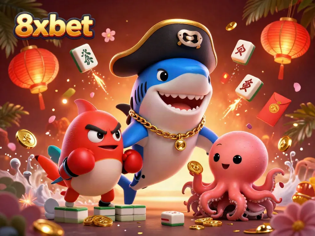 Join the adventure with 8xbet's casino-themed characters celebrating wins and games, featuring gold coins and festive elements.